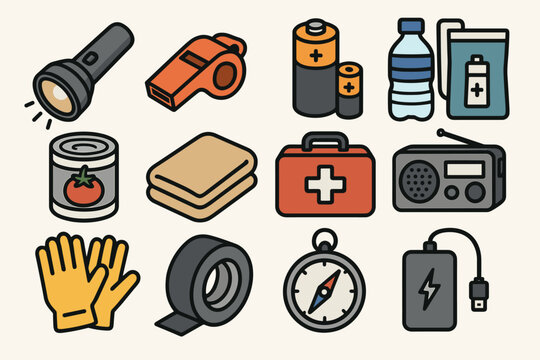 Essential emergency kit items: flashlight, whistle, batteries, radio, compass, first aid, water