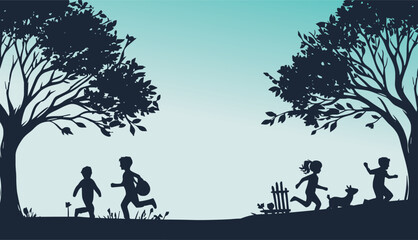 Children playing in a park. Vector illustration.kids playing and running with autumn trees vector in white background
