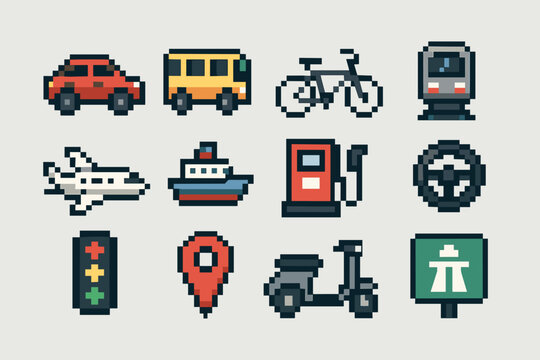 Pixel art icons: vehicles, transportation, and travel-themed elements