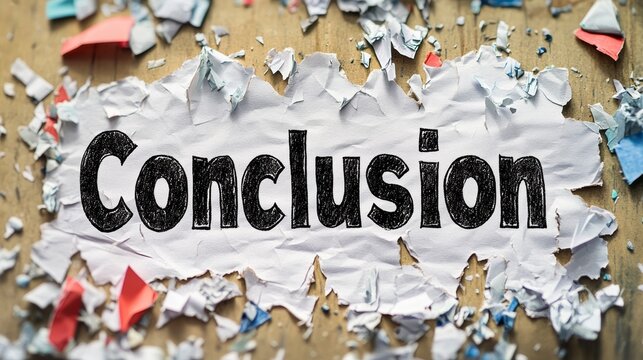 Torn paper with the word Conclusion written on it, surrounded by shredded paper scraps on a wooden surface.