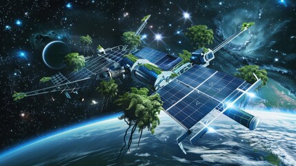 A digital art representation of a sustainable space station with solar panels and hydroponic gardens, orbiting Earth amidst stars and cosmic energy sources, Digital art illustration of