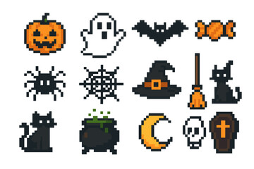Pixel art halloween icons: pumpkin, ghost, bat, witch hat, cat, skull, moon
