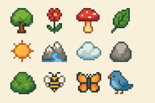 Colorful pixel art icons: nature elements and animals collection