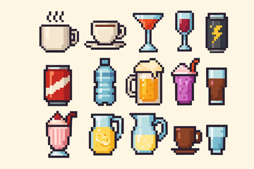 Pixel art beverages collection with coffee, cocktails, and sodas