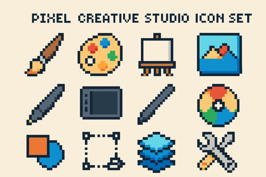 Pixel art creative studio icon set with art tools and design elements