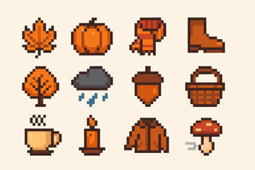 Pixel art autumn icons: leaves, pumpkin, fox, boot, tree, cloud, acorn, basket, coffee, candle, jacket, mushroom