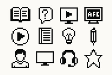 Pixel art icons: book, speech bubble, monitor, play button, light bulb, headphones