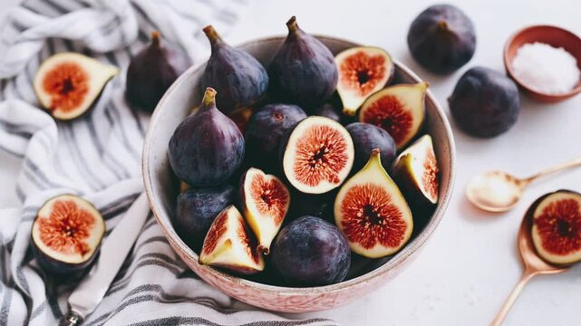 bowl of fresh figs, vibrant fig display, delicious fruit clip, artistic food visuals, joyful nature moment, beautiful fig arrangement, refreshing fruit composition, charming kitchen decor, delightful 