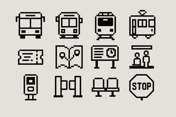 Pixel art transport icons: bus, train, ticket, map, signage, and more