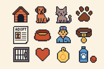 Pixel art pet care icons: dog, cat, vet, adoption flyer, collar, paw