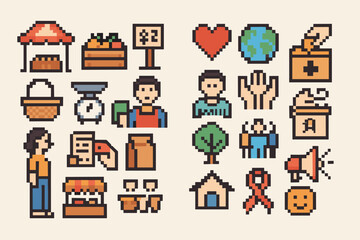 Obraz premium Pixel art icons of market stall, people, and community concepts