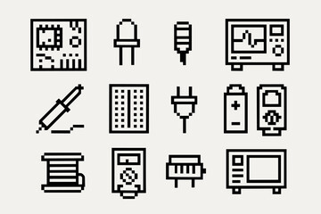 Pixel art of electronic components and tools on grid background