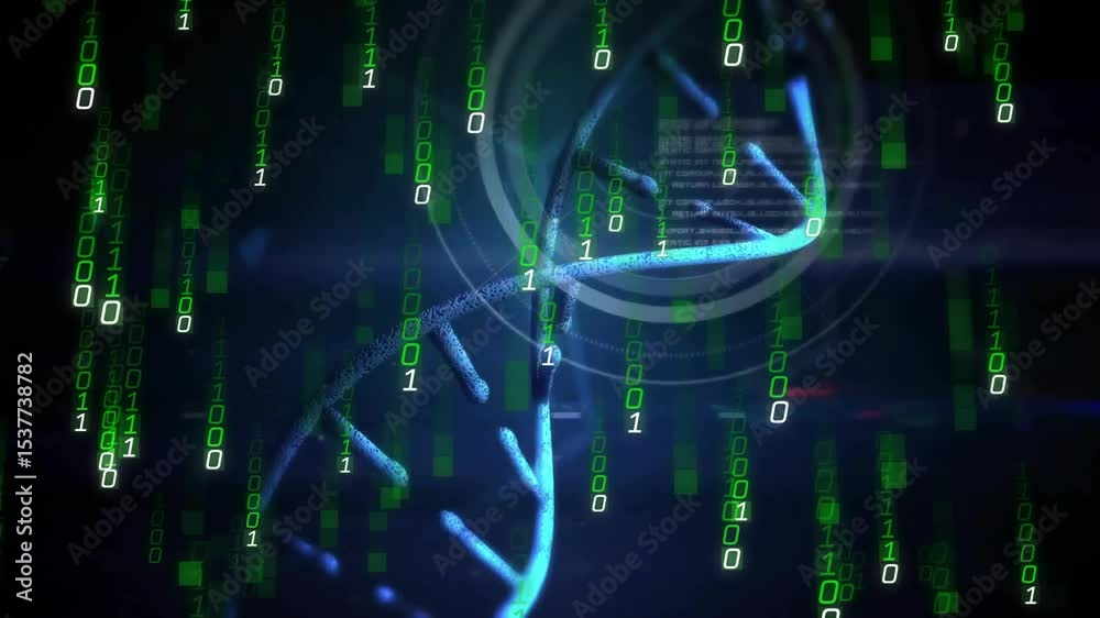 Poster code cascading helix rotating hud rings forming id text fading highlighting identity motif