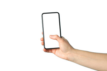 Hand holding a blank smartphone, isolated on white, PNG