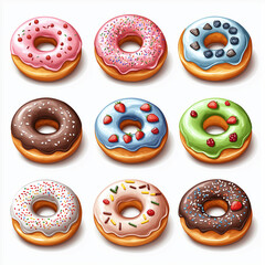 set of donuts isolated on white background