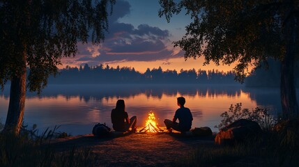 Romantic lakeside campfire at sunset, cozy evening for couple on nature