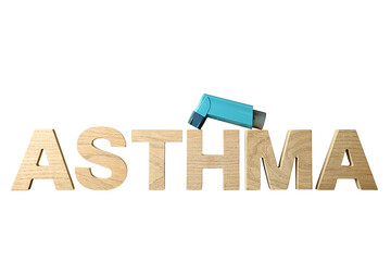 Wood letters say asthma by inhaler, isolated on white, PNG
