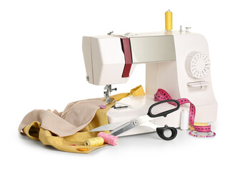 Sewing machine with tailor's supplies on white background