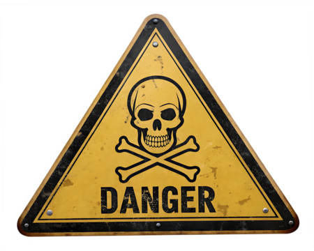 Grunge Style Yellow Triangle Danger Sign Skull Crossbones Isolated on a transparent background skull and crossbones