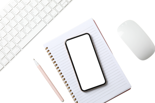 Minimalist desk with phone and supplies, isolated on white, PNG