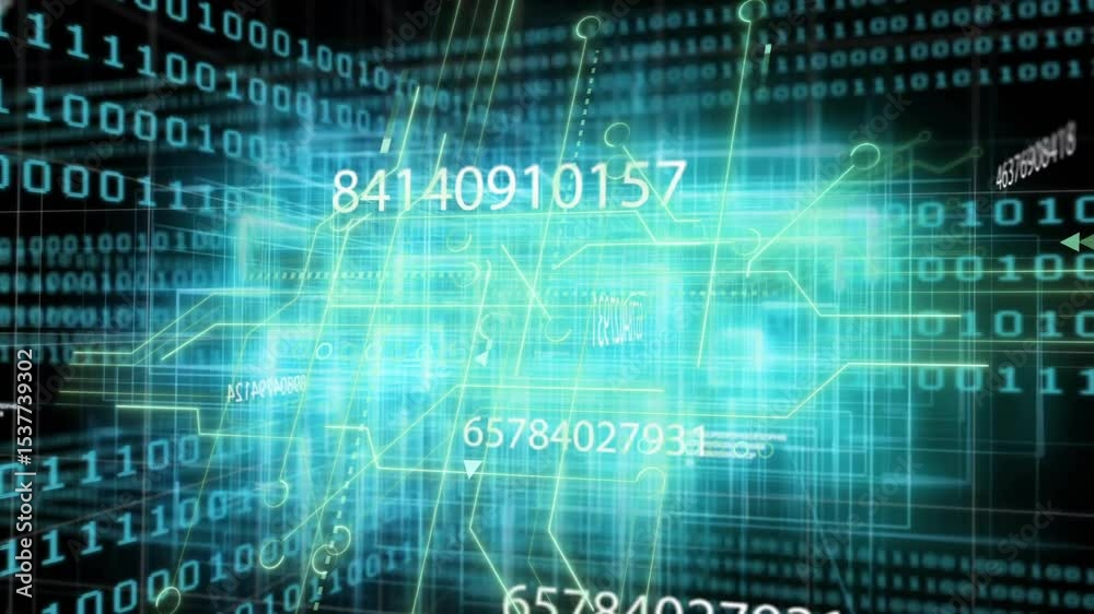 Poster binary stream flowing spawning neon-blue wireframe block pulsing numeric labels updating live data