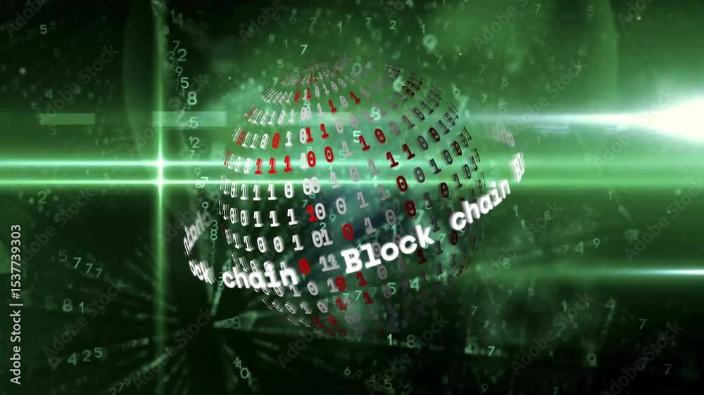Poster emerging from network grid, rotating 3d sphere showcasing blockchain data with pulsing light beam