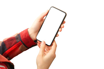 Individual showing blank smartphone screen, isolated on white, PNG