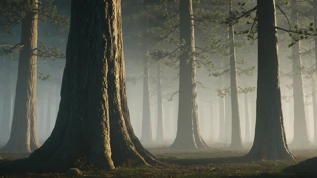 Pixelated Forest Scene with Tall Trees and Misty Sunlight in a Tranquil Landscape Setting