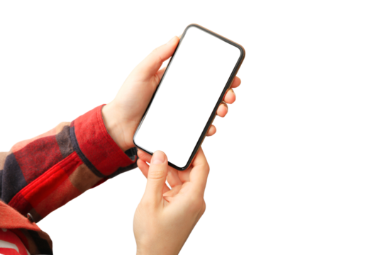 Individual showing blank smartphone screen, isolated on white, PNG