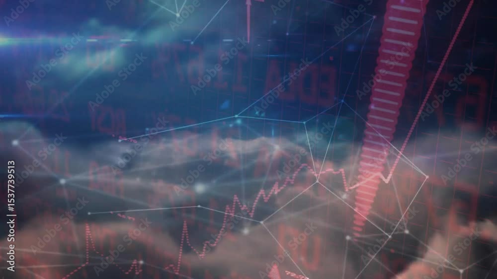 Poster glowing points appearing initiating mesh forming and red bars pulsing over pink clouds showing data