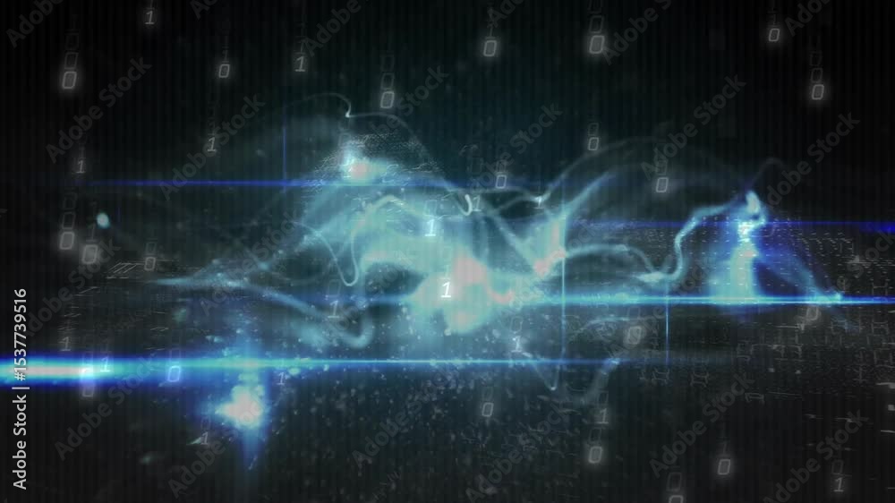 Poster neon-blue scan lines sparking energy ribbon waving nodes flowing binary visualizing data stream
