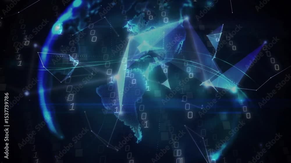 Poster upon binary streams appearing, polygons rotating and converging into digital globe for data display