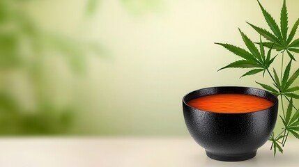 Black Bowl of Orange Liquid with Hemp Leaves on Green Background