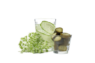 PNG, Brine cocktail and pickles in glasses, isolated on white background