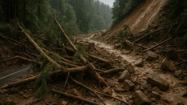 A dramatic landscape video scene of a landslide blocking a forest road, captured from a low angle, highlighting fallen trees and debris. Live desktop wallpaper.