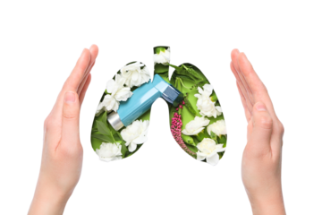 Inhaler cradled with flowers, isolated on white, PNG