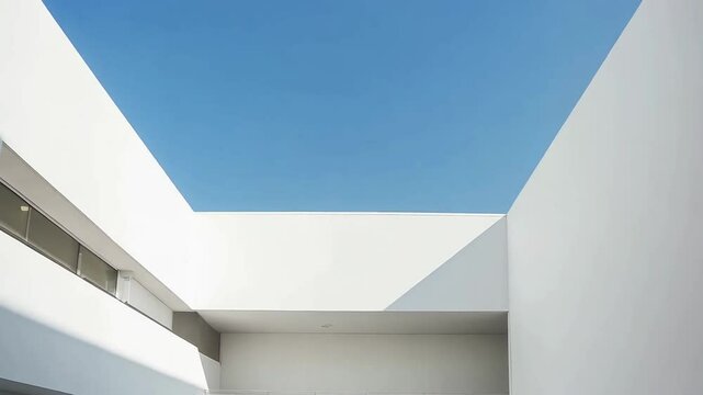 Minimalist architecture featuring white walls and a blue sky view, creating a sense of openness
