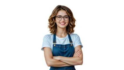 Portrait of a confident young woman wearing glasses and apron smiling with arms crossed, isolated on transparent background, small business owner or barista in cafe or service industry concept