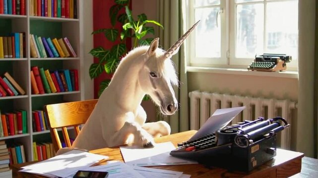 Unicorn Doing Taxes on an Old Typewriter in a Well-Lit Study With a Bookcase in the Background
