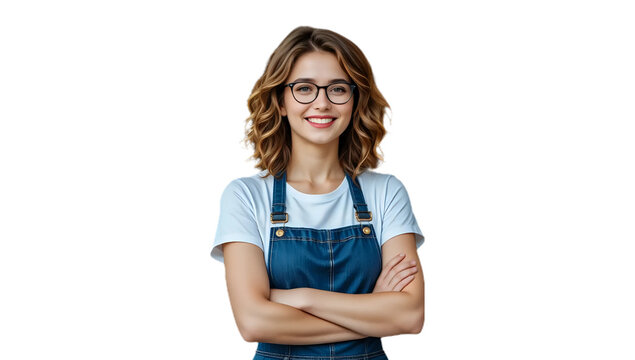 Portrait of a confident young woman wearing glasses and apron smiling with arms crossed, isolated on transparent background, small business owner or barista in cafe or service industry concept