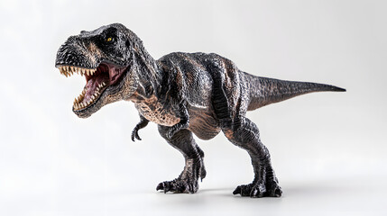Fototapeta premium Ferocious T-Rex figurine with detailed scales and teeth, isolated on white, conveying primal power and prehistoric terror.