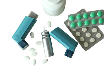 Inhalers and meds neatly arranged, isolated on white, PNG
