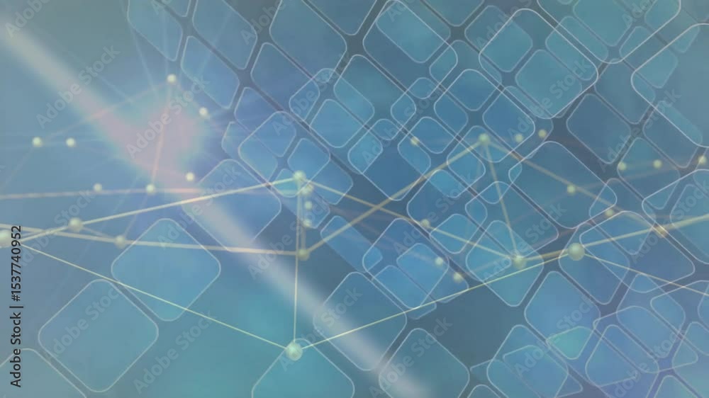 Poster network receiving fadein grid forming nodes linking by glowing lines rotating visualizing data flow