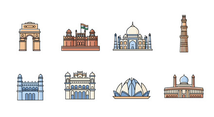 India famous landmarks and tourist attractions vector illustration india gate red fort taj mahal qutub minar