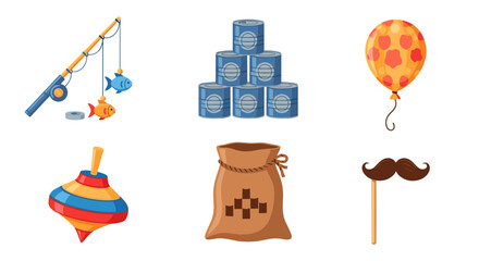 Carnival games and prizes vector illustration featuring fishing game can toss balloon and more fun items