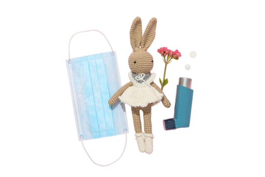 Crocheted rabbit with health items, isolated on white, PNG