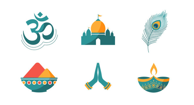 Hinduism symbols vector set om temple peacock feather holi diya namaste mudra hindu culture and tradition icon