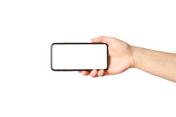 Hand displays a blank smartphone screen for use, isolated on white, PNG