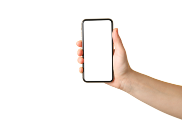 Hand displays a smartphone with a blank screen, isolated on white, PNG