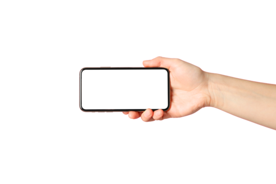 Hand displays a blank smartphone screen for use, isolated on white, PNG